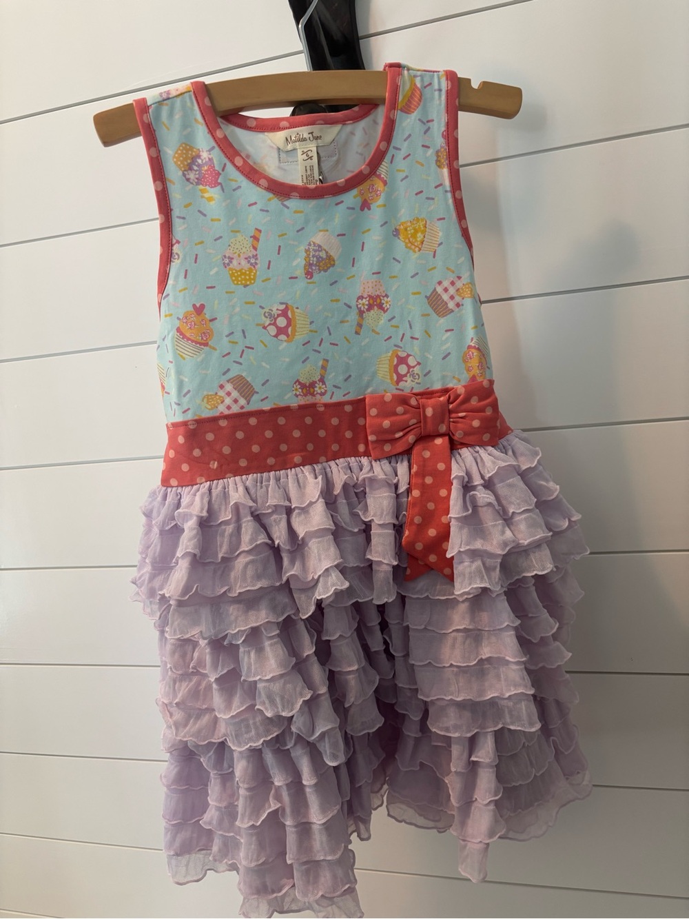 Little Lass Girls' Cupcake Print Ruffle Dress in Light Blue and Lavender